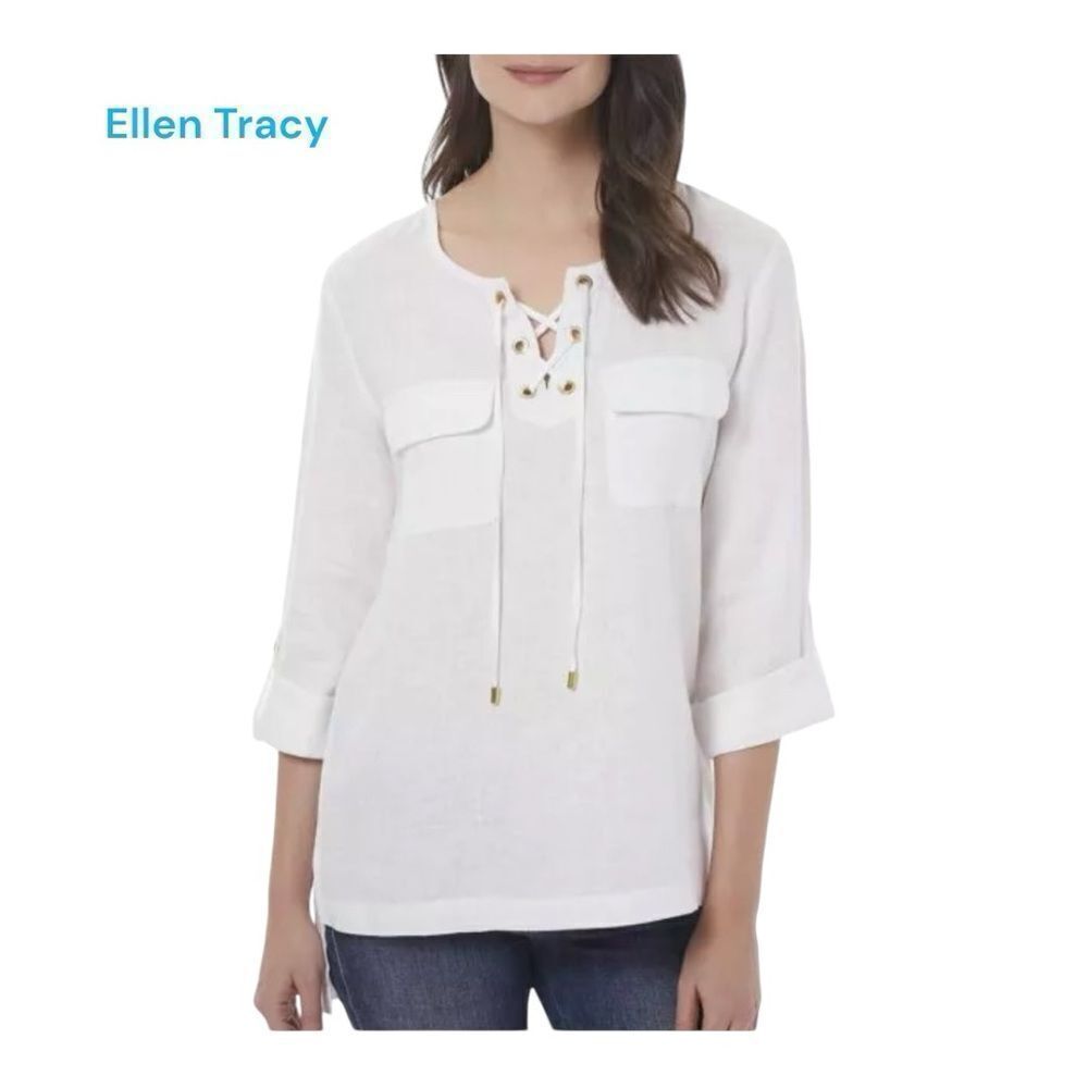 Ellen Tracy Company lace up front Chalk White Linen tunic SHIRT